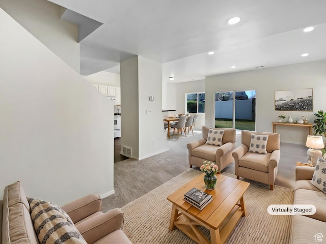 6647 W Merlot Way, West Jordan, UT 84081 - living area with light carpet, recessed lighting, visible vents, and baseboards