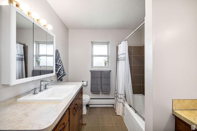 bathroom with toilet, baseboard heating, shower / bathtub combination with curtain, vanity, and tile patterned floors