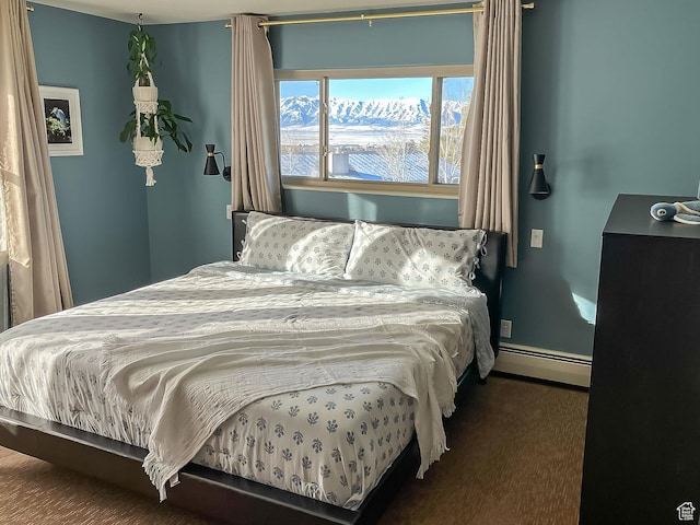 bedroom with carpet floors and baseboard heating