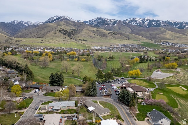 drone / aerial view featuring a mountain view and a residential view