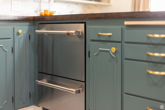 room details featuring green cabinets and stainless steel dishwasher