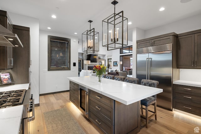 kitchen with a kitchen bar, dark brown cabinetry, light wood-style flooring, and stainless steel appliances