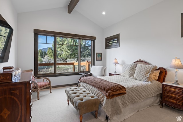 carpeted bedroom with recessed lighting, multiple windows, baseboards, and lofted ceiling with beams