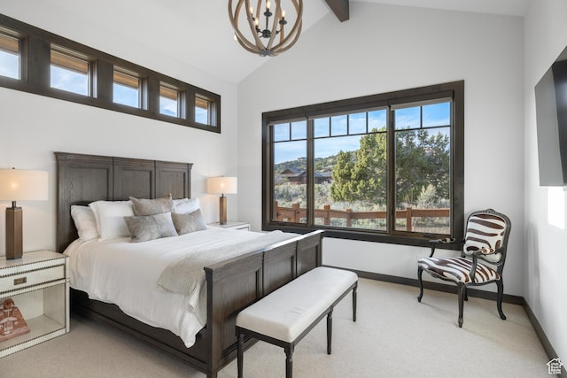 bedroom featuring light carpet, an inviting chandelier, lofted ceiling with beams, and baseboards