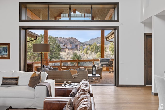 living room with baseboards, a mountain view, and wood finished floors