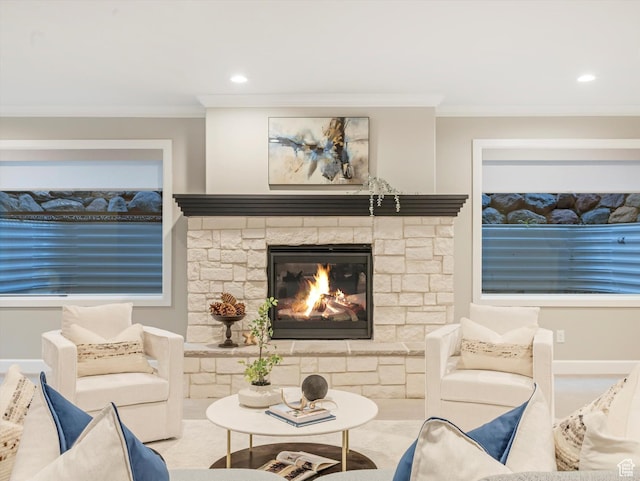 2219 E Fair Winns Ln, Draper, UT 84020 - living room featuring recessed lighting, a fireplace, and crown molding
