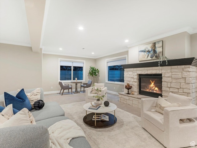2219 E Fair Winns Ln, Draper, UT 84020 - living area featuring recessed lighting, a stone fireplace, baseboards, and ornamental molding