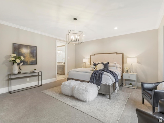 2219 E Fair Winns Ln, Draper, UT 84020 - bedroom with ensuite bathroom, an inviting chandelier, ornamental molding, carpet floors, and baseboards