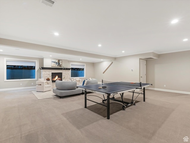 2219 E Fair Winns Ln, Draper, UT 84020 - playroom featuring visible vents, baseboards, a fireplace, recessed lighting, and light colored carpet