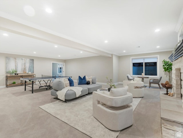 2219 E Fair Winns Ln, Draper, UT 84020 - living area with beamed ceiling, a fireplace, light colored carpet, recessed lighting, and baseboards
