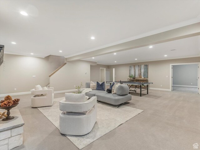 2219 E Fair Winns Ln, Draper, UT 84020 - living room featuring light carpet, recessed lighting, stairway, and baseboards