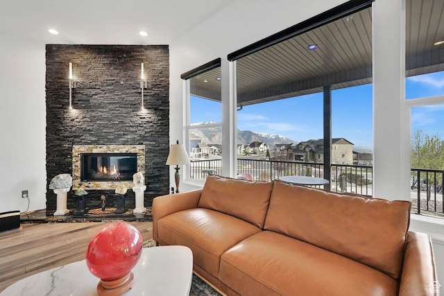 living area with a stone fireplace and wood finished floors