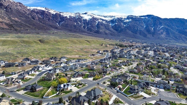 aerial view featuring a mountain view and a residential view