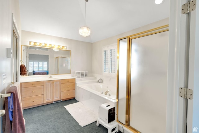 8046 W Harker Canyon Dr, Magna, UT 84044 - bathroom with a stall shower, heating unit, a bath, vanity, and a notable chandelier