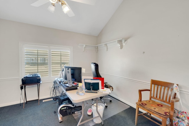 8046 W Harker Canyon Dr, Magna, UT 84044 - home office with carpet flooring, baseboards, a ceiling fan, and lofted ceiling