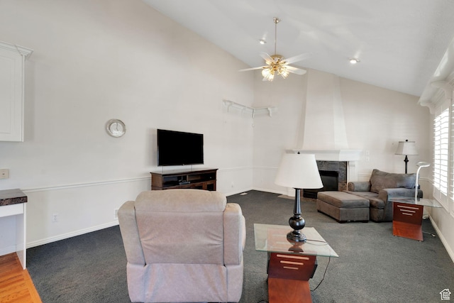 8046 W Harker Canyon Dr, Magna, UT 84044 - carpeted living area featuring a high end fireplace, a ceiling fan, high vaulted ceiling, and baseboards