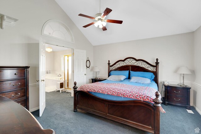 8046 W Harker Canyon Dr, Magna, UT 84044 - bedroom with a ceiling fan, high vaulted ceiling, carpet floors, and ensuite bath