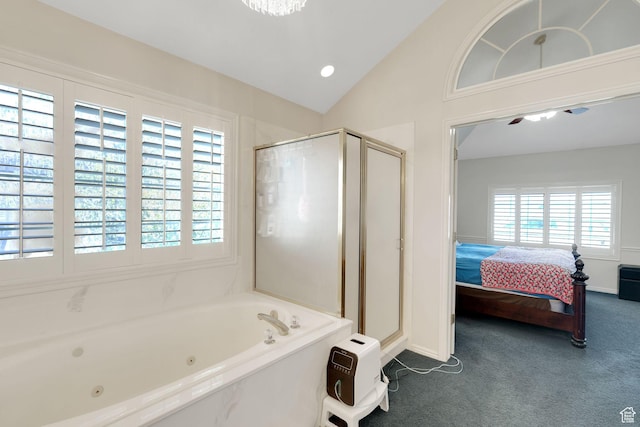 8046 W Harker Canyon Dr, Magna, UT 84044 - bathroom featuring a shower stall, heating unit, vaulted ceiling, a jetted tub, and ensuite bathroom