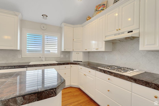 8046 W Harker Canyon Dr, Magna, UT 84044 - kitchen featuring dark countertops, a sink, white gas stovetop, and under cabinet range hood