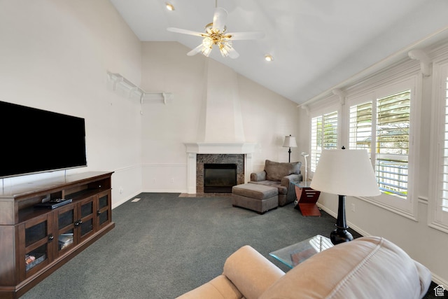 8046 W Harker Canyon Dr, Magna, UT 84044 - living room with ceiling fan, a fireplace, baseboards, high vaulted ceiling, and dark carpet