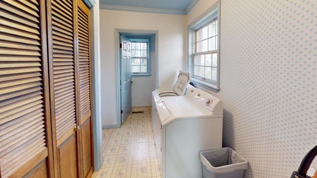 1525 E 200 S, Pleasant Grove, UT 84062 - laundry area featuring laundry area, crown molding, wallpapered walls, washing machine and dryer, and light floors