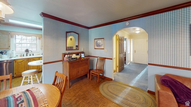 1525 E 200 S, Pleasant Grove, UT 84062 - dining area with crown molding, baseboards, arched walkways, and wallpapered walls