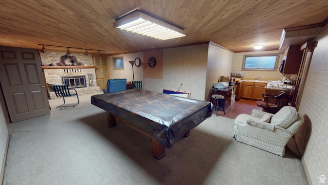 1525 E 200 S, Pleasant Grove, UT 84062 - recreation room with rail lighting, carpet, a brick fireplace, and wooden ceiling