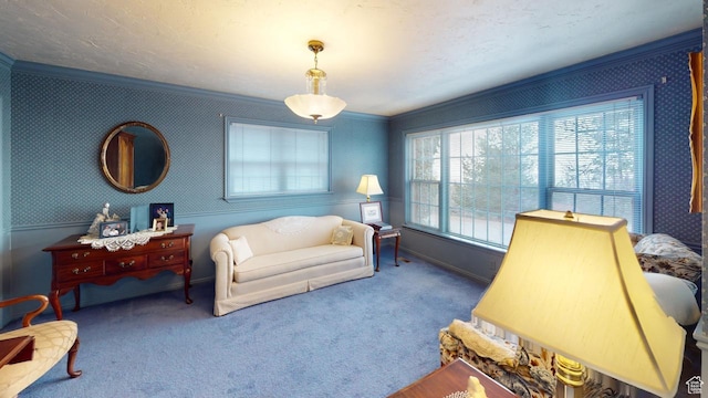 1525 E 200 S, Pleasant Grove, UT 84062 - carpeted living area with wallpapered walls and ornamental molding