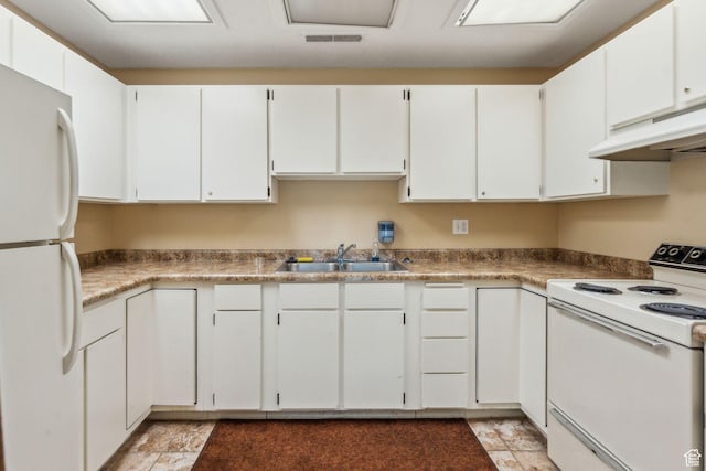 1039 E Quail Vista Ln Unit I, Salt Lake City, UT 84117 - kitchen featuring under cabinet range hood, white appliances, white cabinetry, and a sink