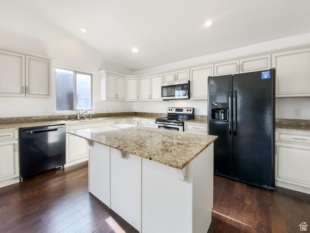 1786 E Juniper Dr, Eagle Mountain, UT 84005 - kitchen featuring a sink, black appliances, vaulted ceiling, dark wood-type flooring, and light stone counters