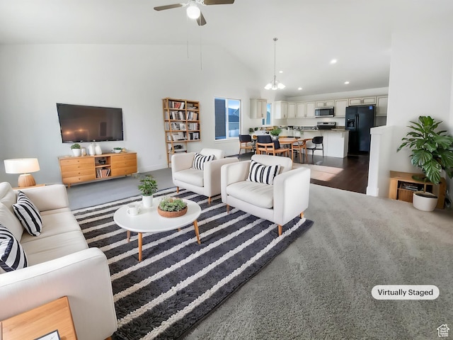 1786 E Juniper Dr, Eagle Mountain, UT 84005 - living area featuring dark wood finished floors, ceiling fan, vaulted ceiling, and recessed lighting