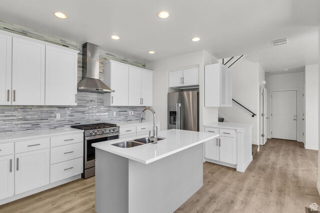 4751 W Vermillion Dr, South Jordan, UT 84009 - kitchen with stainless steel appliances, a sink, wall chimney exhaust hood, decorative backsplash, and light countertops