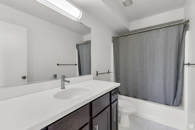 4751 W Vermillion Dr, South Jordan, UT 84009 - full bath featuring vanity, toilet, shower / bathtub combination with curtain, and tile patterned flooring