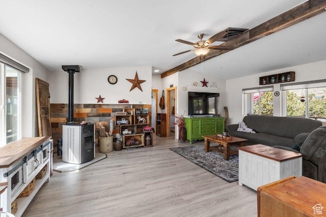 706 E Cottontail Rd, Central, UT 84722 - living room featuring a wood stove, lofted ceiling with beams, wood finished floors, and ceiling fan