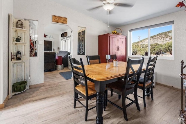 706 E Cottontail Rd, Central, UT 84722 - dining room with light wood-style floors, ceiling fan, baseboards, and lofted ceiling