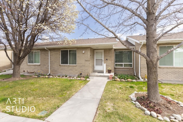 1454 W Cornerstone Dr, South Jordan, UT 84095 - ranch-style home with brick siding, a front yard, and roof with shingles