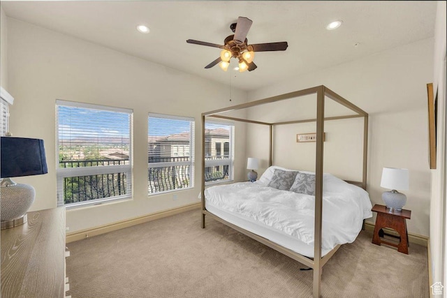 carpeted bedroom with recessed lighting, baseboards, and a ceiling fan