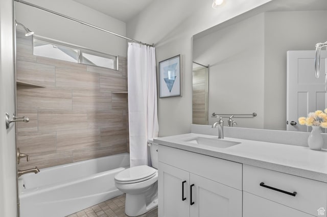 full bathroom with toilet, shower / tub combo, vanity, and tile patterned flooring