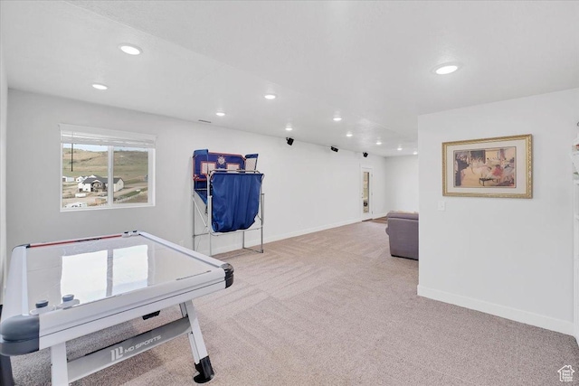 rec room featuring recessed lighting, carpet flooring, and baseboards
