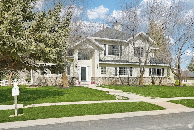 1367 W Settlement Dr, Park City, UT 84098 - view of front facade featuring stucco siding, entry steps, stone siding, a front lawn, and a chimney