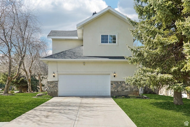 1367 W Settlement Dr, Park City, UT 84098 - view of side of home featuring a yard, stucco siding, stone siding, and concrete driveway