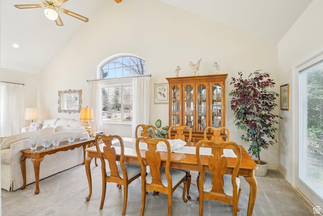 1367 W Settlement Dr, Park City, UT 84098 - dining room with light carpet, high vaulted ceiling, and ceiling fan