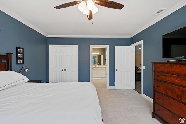 bedroom featuring visible vents, a closet, a ceiling fan, crown molding, and carpet flooring