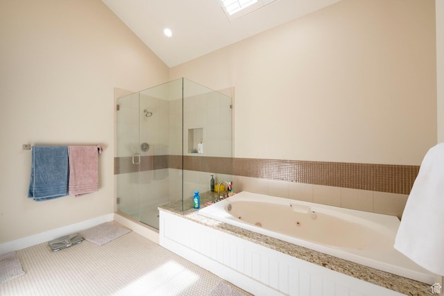 1960 S High Pointe St E Unit 22, Bountiful, UT 84010 - bathroom featuring a stall shower, a jetted tub, and lofted ceiling