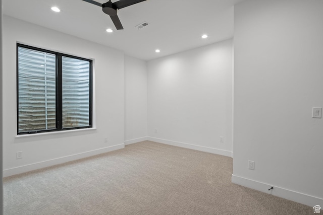 1582 S Wiltshire Ln, Saratoga Springs, UT 84045 - unfurnished room featuring visible vents, baseboards, a ceiling fan, recessed lighting, and light carpet