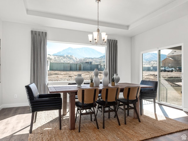 dining space with a chandelier, wood finished floors, a mountain view, and a raised ceiling