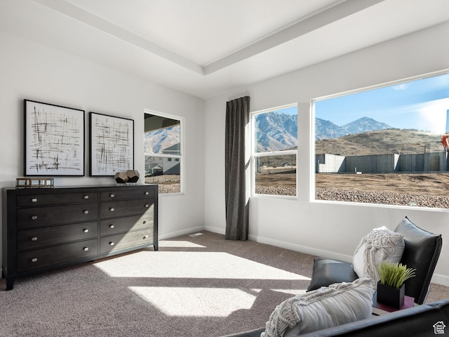 sitting room featuring a mountain view, baseboards, and carpet