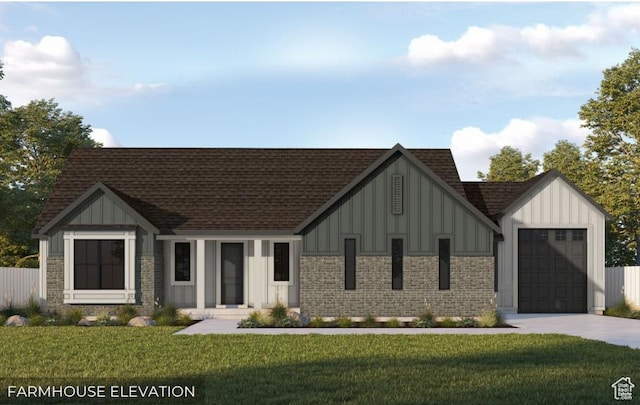modern farmhouse with board and batten siding, roof with shingles, a front yard, an attached garage, and driveway