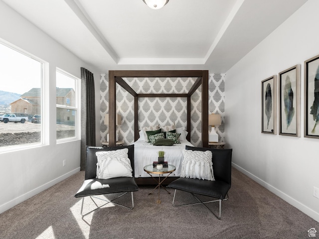 carpeted bedroom featuring a tray ceiling and baseboards