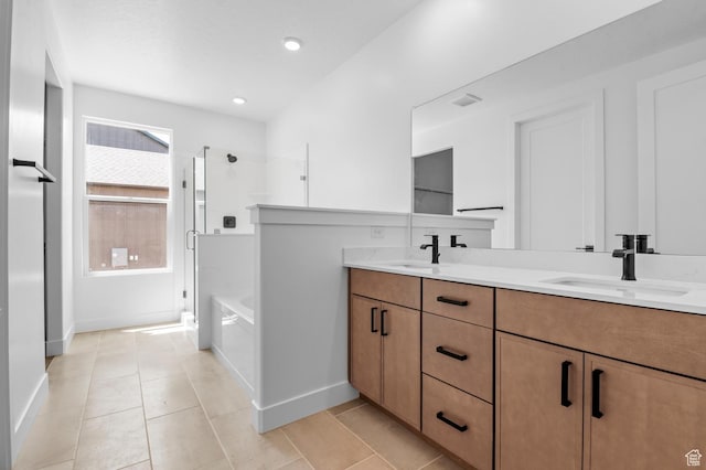 1489 E 820 N Unit 104, Salem, UT 84653 - full bathroom with a shower with door, double vanity, a bath, tile patterned floors, and recessed lighting